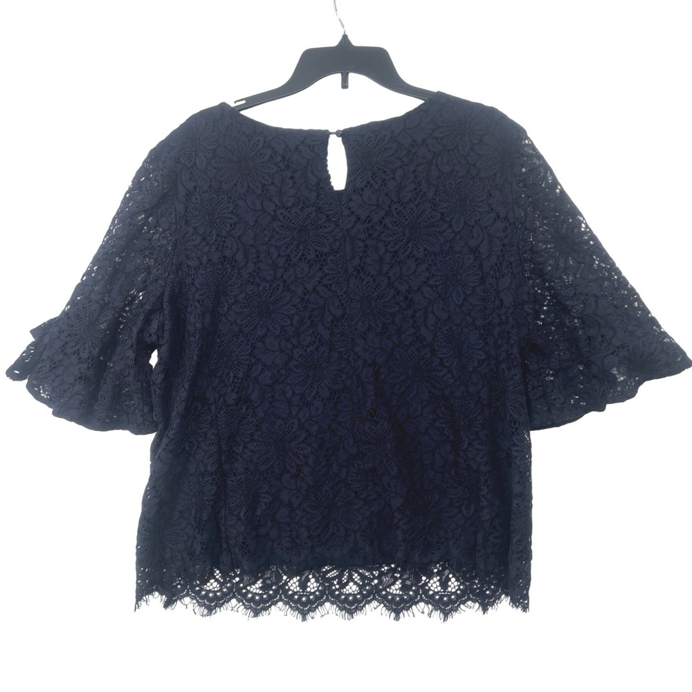 Nanette Lepore Lace Overla Blouse Size XL Navy Blue Bell Sleeve Floral Top - Picture 2 of 7